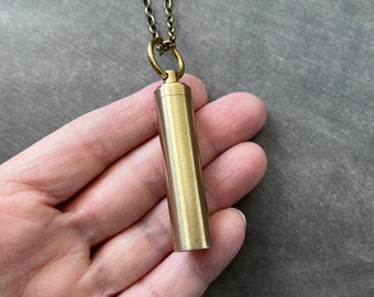 Large Pill Vial Men's Necklace Secret Stash Cylinder Capsule Medicine Holder Cremation Ash Tube Solid Brass Urn Memorial Jewelry Unisex Gift