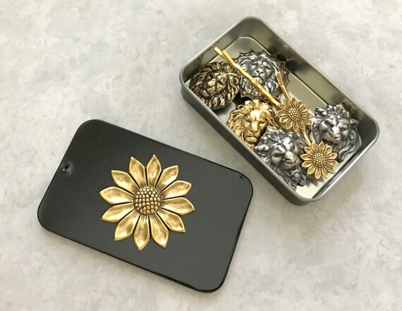 Gold Sunflower Tin Black Pill Box Jewelry Box Floral Catch All Moo Card Holder Black Metal Tin Coin Storage Gift Tin Rectangle Box Unisex