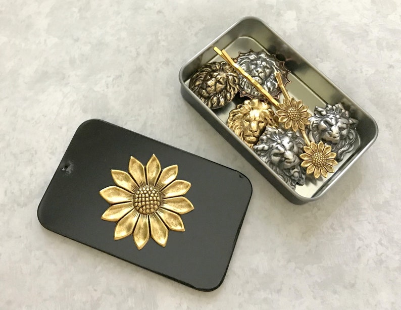Gold Sunflower Tin Black Pill Box Jewelry Box Floral Catch All Moo Card Holder Black Metal Tin Coin Storage Gift Tin Rectangle Box Unisex