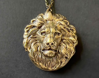 XL Lion Hidden LOCKET Lion's Mane Leo Birthday Majestic Animal Necklace XL Unisex Photo Locket Brass Lion Head King of the Jungle Zoo Animal