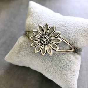 Silver Sunflower Cuff Bracelet Adjustable Metal Cuff Woodland Flower Helianthus Nature Inspired Loyalty Anniversary Gift Girlfriend Gift