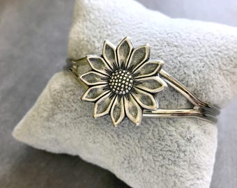Silver Sunflower Cuff Bracelet Adjustable Metal Cuff Woodland Flower Helianthus Nature Inspired Loyalty Anniversary Gift Girlfriend Gift