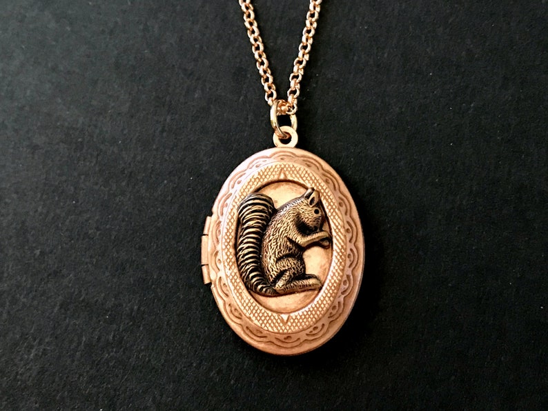 Rose Gold Squirrel Locket Necklace Copper Ox Squirrel Woodland Animal Locket Vintage Style Teen Jewelry Gifts for Friends Squirrel Collector image 1