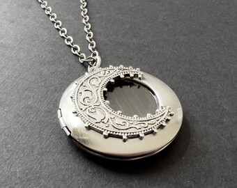 Celestial Locket Quarter Moon Stars Man in the Moon Unisex Jewelry Men's Locket Antique Silver Floral Necklace Bridesmaid Gifts Photo Locket