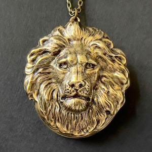 XL Lion Hidden LOCKET Lion&#39;s Mane Leo Birthday Majestic Animal Necklace XL Unisex Photo Locket Brass Lion Head King of the Jungle Zoo Animal