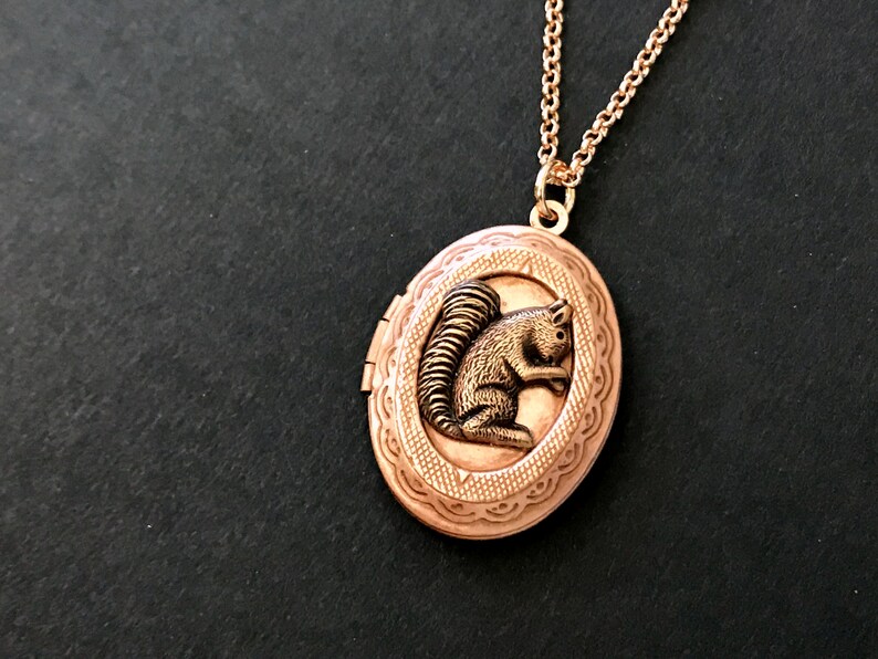 Rose Gold Squirrel Locket Necklace Copper Ox Squirrel Woodland Animal Locket Vintage Style Teen Jewelry Gifts for Friends Squirrel Collector image 4