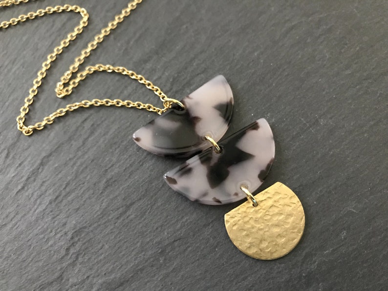 Half Moon Necklace Brass Celestial Jewelry Tribal Brass Lunar Moon Gift Black Amethyst Plum Moon Modern Acrylic Necklace Hammered Brass
