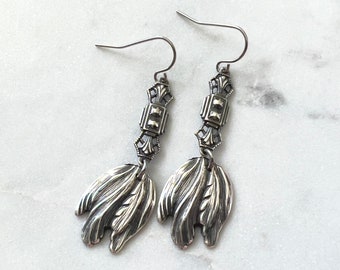 Tulip Petal Earrings Art Deco Silver Feathers Flower Dangle Botanical Earrings Garden Wedding Floral Gifts Nature Inspired Girlfriend Gift