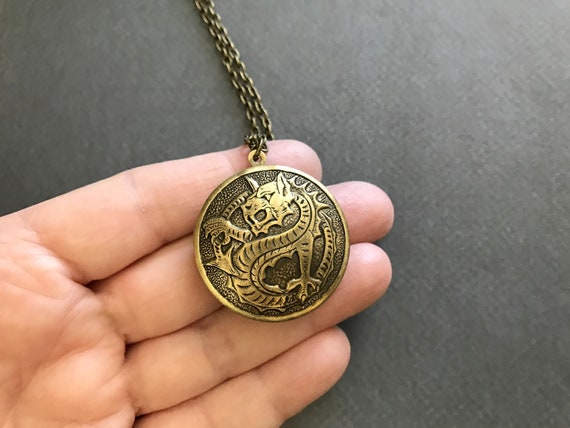 Vintage Black Dragon And White Dragon Glass Brass Locket Pendant Necklace Vintage Black Dragon And White Dragon Glass Brass Locket Pendant Necklace