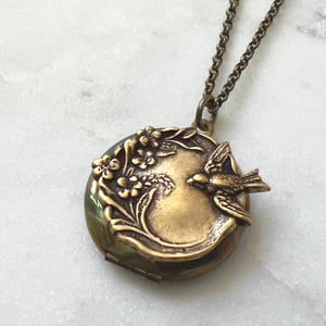 Vintage Bird Locket, Hidden Locket, Nature Necklace, Unisex Jewelry, Dark Patina, Woodland Bird, Antique Brass, Gifts for Her, Family Photos