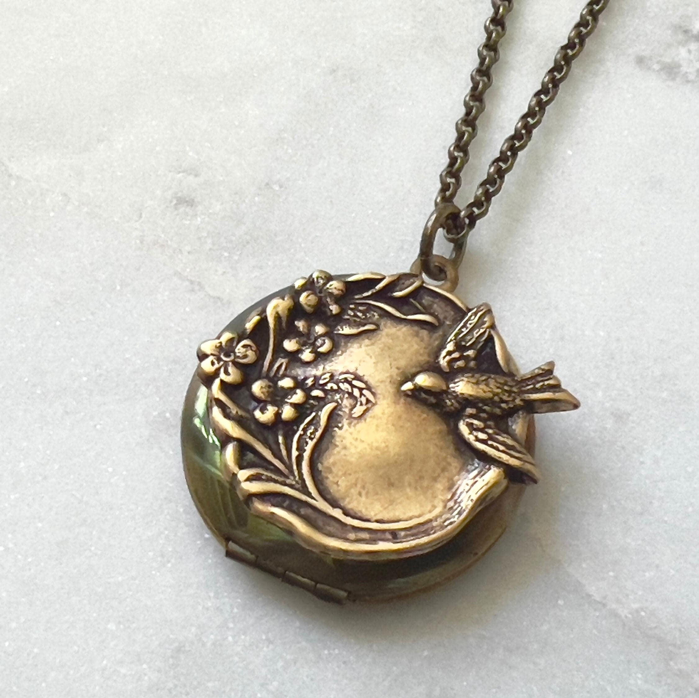 Vintage Bird Locket, Hidden Locket, Nature Necklace, Unisex Jewelry, Dark Patina, Woodland Bird, Antique Brass, Gifts for Her, Family Photos