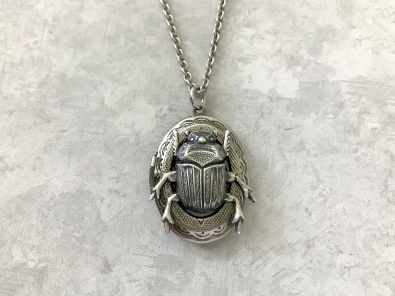 Silver Beetle Locket Oval Insect Locket Entomologist Gift Gothic Bug Scarab Jewelry Men's Locket Unisex Jewelry Creepy Insect Vintage Style image 2