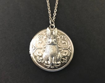 Rabbit Locket Woodland Bunny Gifts Dark Antiqued Silver Embossed Hare Gift Round Pendant Necklace GIfts for Her Baby Photos Friendship Gifts