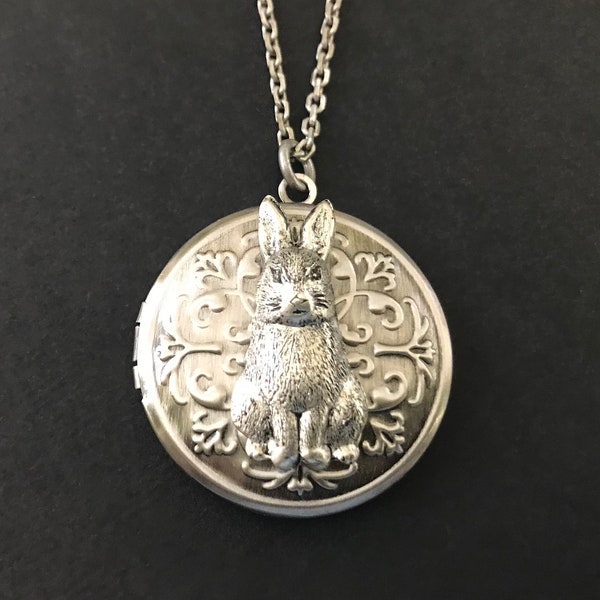 Rabbit Locket Woodland Bunny Gifts Dark Antiqued Silver Embossed Hare Gift Round Pendant Necklace GIfts for Her Baby Photos Friendship Gifts