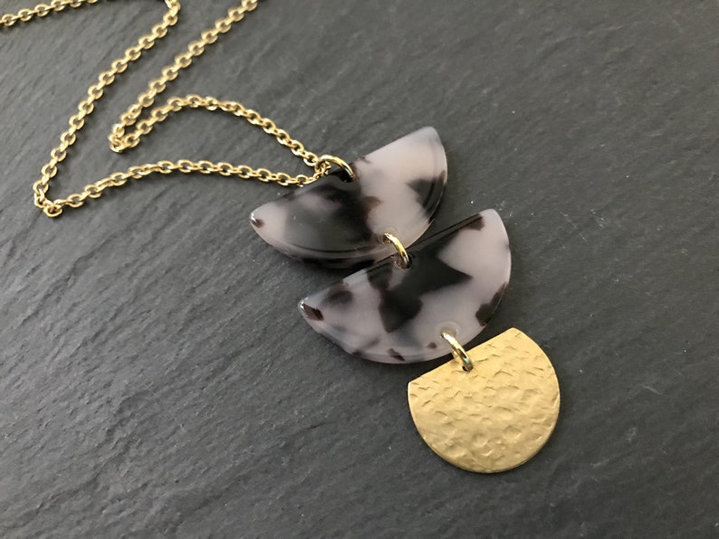 Half Moon Necklace Brass Celestial Jewelry Tribal Brass Lunar Moon Gift Black Amethyst Plum Moon Modern Acrylic Necklace Hammered Brass