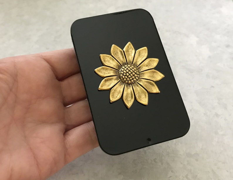 Gold Sunflower Tin Black Pill Box Jewelry Box Floral Catch All Moo Card Holder Black Metal Tin Coin Storage Gift Tin Rectangle Box Unisex