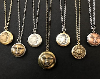 Small Celestial Locket Antique Men's Locket Silver Lunar Moon Star Necklace Vintage Full Moon Locket Baby Photos Unisex Best Friend Gift