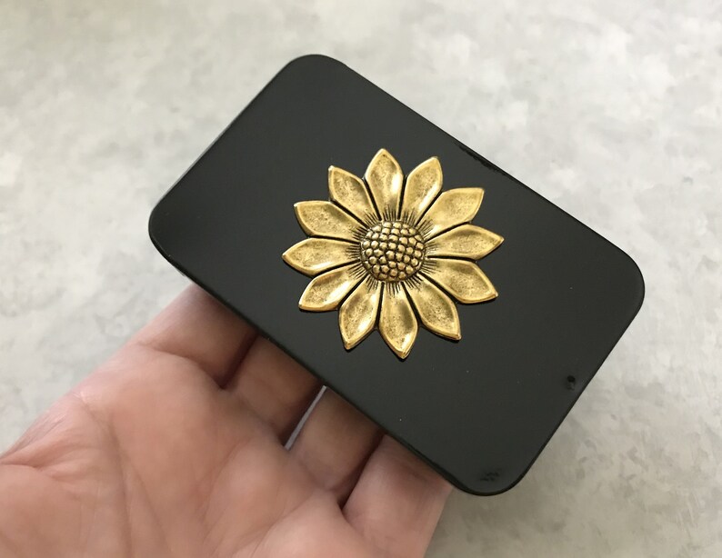 Gold Sunflower Tin Black Pill Box Jewelry Box Floral Catch All Moo Card Holder Black Metal Tin Coin Storage Gift Tin Rectangle Box Unisex