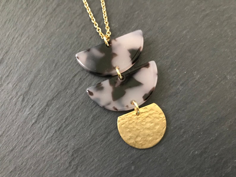 Half Moon Necklace Brass Celestial Jewelry Tribal Brass Lunar Moon Gift Black Amethyst Plum Moon Modern Acrylic Necklace Hammered Brass