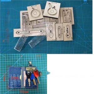May include: A set of leather craft cutting dies for making a key holder. The dies are made of wood and have various shapes, including a key, a circle, and a rectangle. The dies are arranged on a blue cutting mat. A finished leather key holder with a blue crocodile pattern is shown in the bottom right corner of the image.