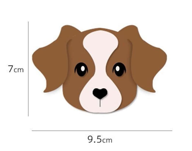 May include: A brown and white cartoon dog with black eyes and a black heart-shaped nose. The dog is 7 cm tall and 9.5 cm wide.