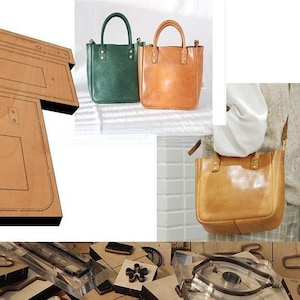 Puede incluir: Dos bolsos tote de cuero, uno verde y otro marrón claro, con asas superiores y correas para el hombro. Los bolsos tienen forma rectangular y se exhiben sobre un fondo blanco. También se ven herramientas y plantillas de marroquinería.