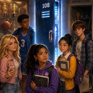 May include: A digital illustration titled Locker 108 featuring five diverse students standing in a school hallway. A central blue locker labeled 108 glows brightly. The students wear casual clothing including hoodies, a cardigan, and jeans, holding notebooks and backpacks.