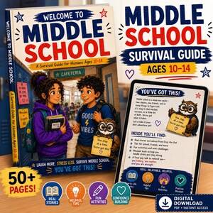 May include: A book titled Welcome to Middle School: A Survival Guide for Humans Ages 10-14, featuring an illustration of two students and an owl. Beside it, a digital tablet displays the Middle School Survival Guide with text and an owl graphic.
