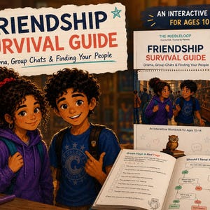 Peut inclure: Friendship Survival Guide: Drama, Group Chats & Finding Your People est un cahier d'exercices interactif pour les 10-14 ans. La couverture montre deux enfants illustr&eacute;s, un hibou et le texte : Tips, Quizzes, Stories & Ozzy the Owl by your side!