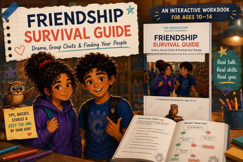 Peut inclure: Friendship Survival Guide: Drama, Group Chats & Finding Your People est un cahier d'exercices interactif pour les 10-14 ans. La couverture montre deux enfants illustr&eacute;s, un hibou et le texte : Tips, Quizzes, Stories & Ozzy the Owl by your side!