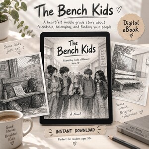 Op de afbeelding: Een digitale tablet met de boekomslag van de roman The Bench Kids. De omslag bevat een zwart-witillustratie van vijf kinderen in een schoolgang. Op het scherm staat ook de tekst, Friendship looks different here.