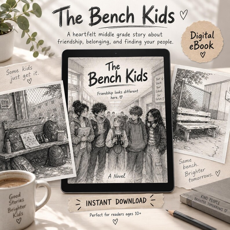 Op de afbeelding: Een digitale tablet met de boekomslag van de roman The Bench Kids. De omslag bevat een zwart-witillustratie van vijf kinderen in een schoolgang. Op het scherm staat ook de tekst, Friendship looks different here.