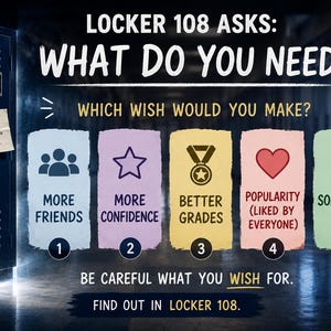 以下が含まれることがあります： 108と書かれた濃い青色の学校用ロッカーと、Tell Me What You Needと書かれたメモ。画像には5つの番号付きオプション（More Friends、More Confidence、Better Grades、Popularity、Something Else）と、Be Careful What You Wish Forというテキストが表示されています。
