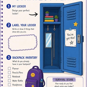 May include: A workbook page titled Locker Strategy Plan featuring a blue locker illustration, a purple backpack with a smiley face, and a survival score gauge. The page includes sections for locker design, labeling, and backpack inventory checklists.