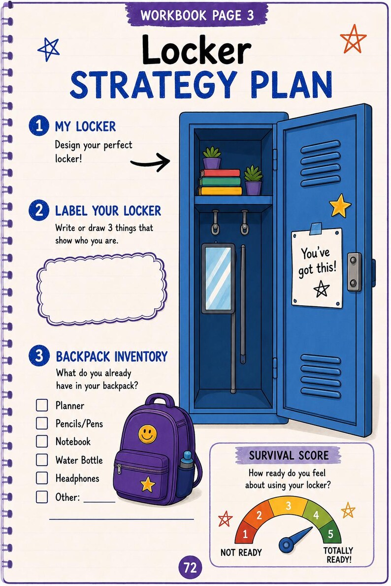 May include: A workbook page titled Locker Strategy Plan featuring a blue locker illustration, a purple backpack with a smiley face, and a survival score gauge. The page includes sections for locker design, labeling, and backpack inventory checklists.
