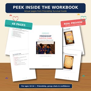 Peut inclure: Un cahier d'exercices Friendship Survival Guide de 48 pages avec des quiz, des scripts et des exercices de r&eacute;flexion pour les 10-14 ans. La couverture pr&eacute;sente le titre, le sous-titre Drama, Group Chats & Finding Your People et une illustration.