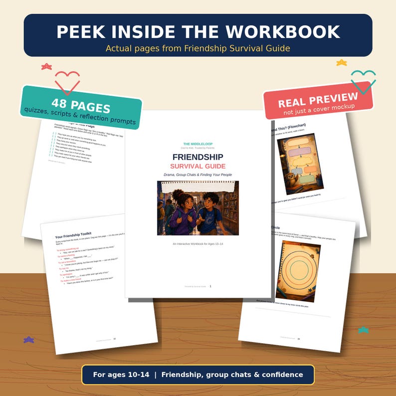 Peut inclure: Un cahier d'exercices Friendship Survival Guide de 48 pages avec des quiz, des scripts et des exercices de r&eacute;flexion pour les 10-14 ans. La couverture pr&eacute;sente le titre, le sous-titre Drama, Group Chats & Finding Your People et une illustration.