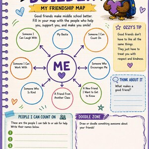 May include: A workbook page titled Friendship Builder My Friendship Map featuring a central ME circle with arrows pointing to various categories, an owl illustration, and sections for People I Can Count On and a Doodle Zone with text throughout.