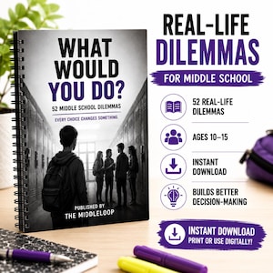 Könnte beinhalten: Ein spiralgebundenes Buch mit dem Titel What Would You Do? 52 Middle School Dilemmas, das ein schwarz-weißes Coverbild von Schülern in einem Schulflur zeigt. Der Text enthält Every Choice Changes Something und Published by The Middleloop.