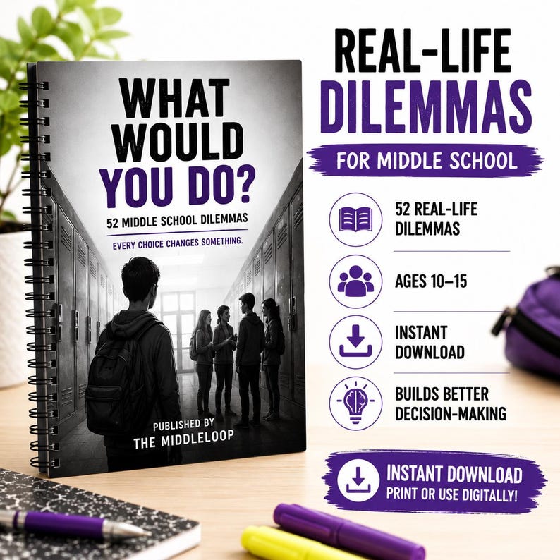 May include: A spiral-bound book titled What Would You Do? 52 Middle School Dilemmas, featuring a black-and-white cover image of students in a school hallway. The text includes Every Choice Changes Something and Published by The Middleloop.