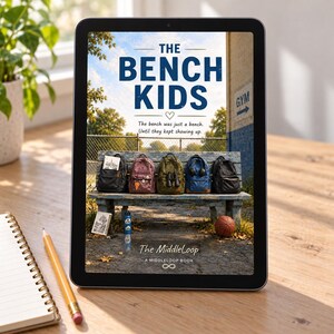 Op de afbeelding: Een digitale tablet met een boekomslag getiteld The Bench Kids. De omslag toont vijf rugzakken op een verweerde houten bank buiten, met een basketbal en een waterfles in de buurt. De tekst luidt The Bench Kids, The bench was just a bench. Until they kept showing up., The MiddleLoop en A MIDDLELOOP BOOK.