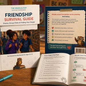 Peut inclure: Le Friendship Survival Guide est un cahier d'exercices interactif pour les 10-14 ans. La couverture montre deux &eacute;l&egrave;ves et une chouette. Le dos liste des conseils d'amiti&eacute;, et les pages ouvertes pr&eacute;sentent une liste de drapeaux verts et rouges.