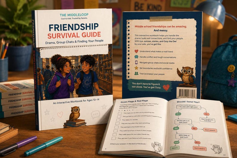 Peut inclure: Le Friendship Survival Guide est un cahier d'exercices interactif pour les 10-14 ans. La couverture montre deux &eacute;l&egrave;ves et une chouette. Le dos liste des conseils d'amiti&eacute;, et les pages ouvertes pr&eacute;sentent une liste de drapeaux verts et rouges.