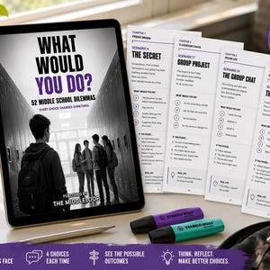 May include: A digital tablet displaying a book cover titled What Would You Do? 52 Middle School Dilemmas, alongside printed pages of scenarios, a purple and a teal highlighter, and a black backpack. The text includes 52 real-life scenarios.