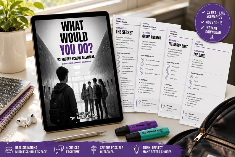May include: A digital tablet displaying a book cover titled What Would You Do? 52 Middle School Dilemmas, alongside printed pages of scenarios, a purple and a teal highlighter, and a black backpack. The text includes 52 real-life scenarios.
