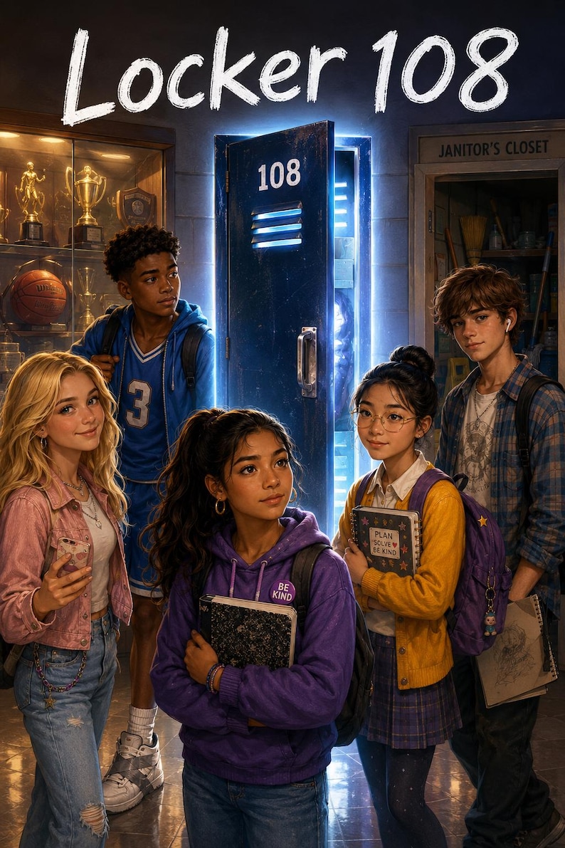 May include: A digital illustration titled Locker 108 featuring five diverse students standing in a school hallway. A central blue locker labeled 108 glows brightly. The students wear casual clothing including hoodies, a cardigan, and jeans, holding notebooks and backpacks.