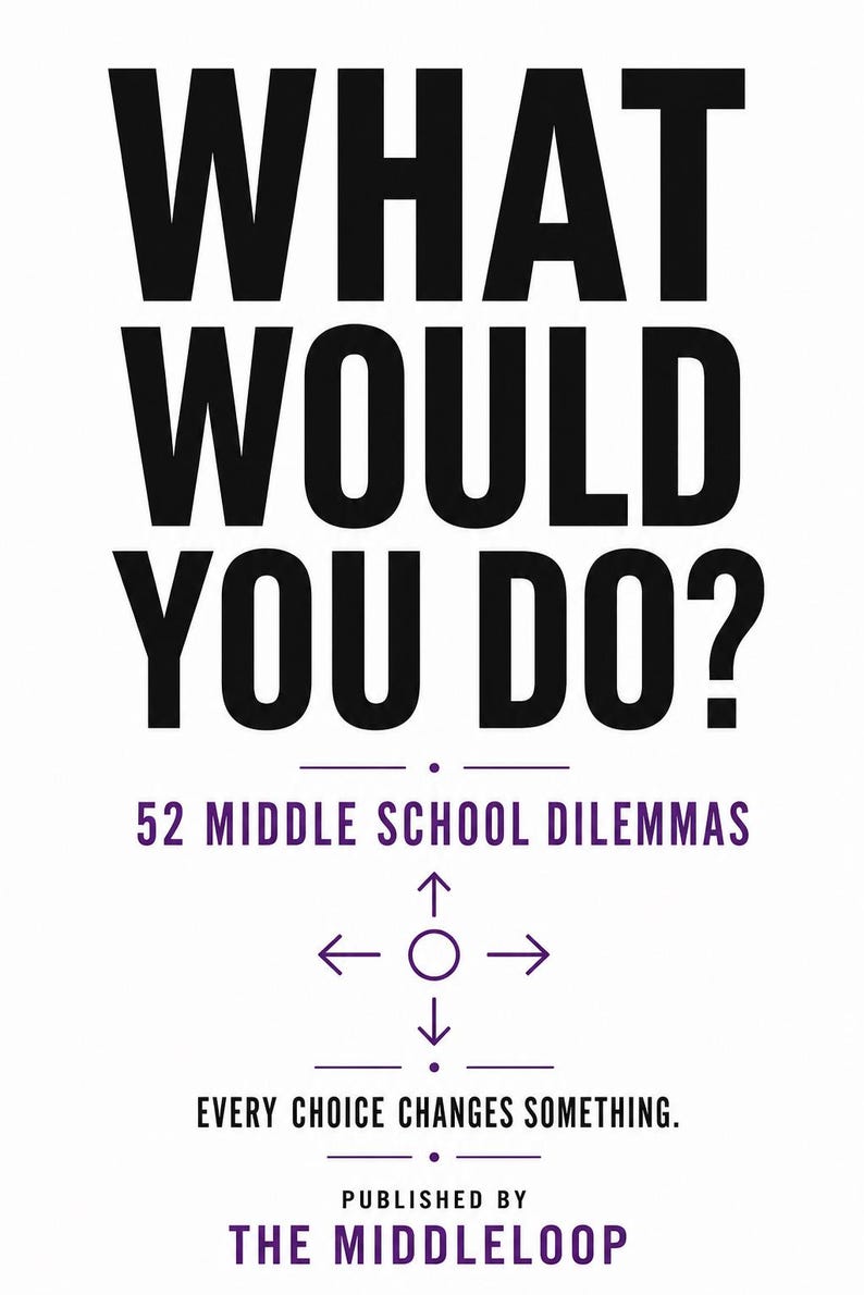 May include: A book cover with a white background and bold black text that reads WHAT WOULD YOU DO? Below this, purple text states 52 MIDDLE SCHOOL DILEMMAS, followed by a purple circle with four arrows, the text EVERY CHOICE CHANGES SOMETHING, and THE MIDDLELOOP.
