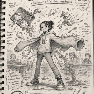 Op de afbeelding: Een grafietschets op spiraalgebonden papier getiteld Gravy Girl, Defender of Terrible Tuesdays. Het toont een figuur in een hoodie met een G-embleem, oversized mouwen en sneakers, omringd door vliegend eten, melk en jus in een kantine.
