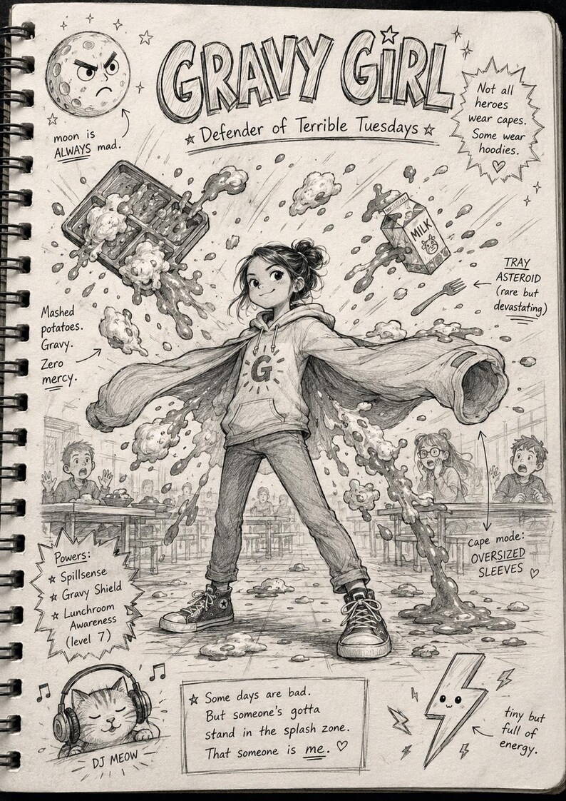 Op de afbeelding: Een grafietschets op spiraalgebonden papier getiteld Gravy Girl, Defender of Terrible Tuesdays. Het toont een figuur in een hoodie met een G-embleem, oversized mouwen en sneakers, omringd door vliegend eten, melk en jus in een kantine.
