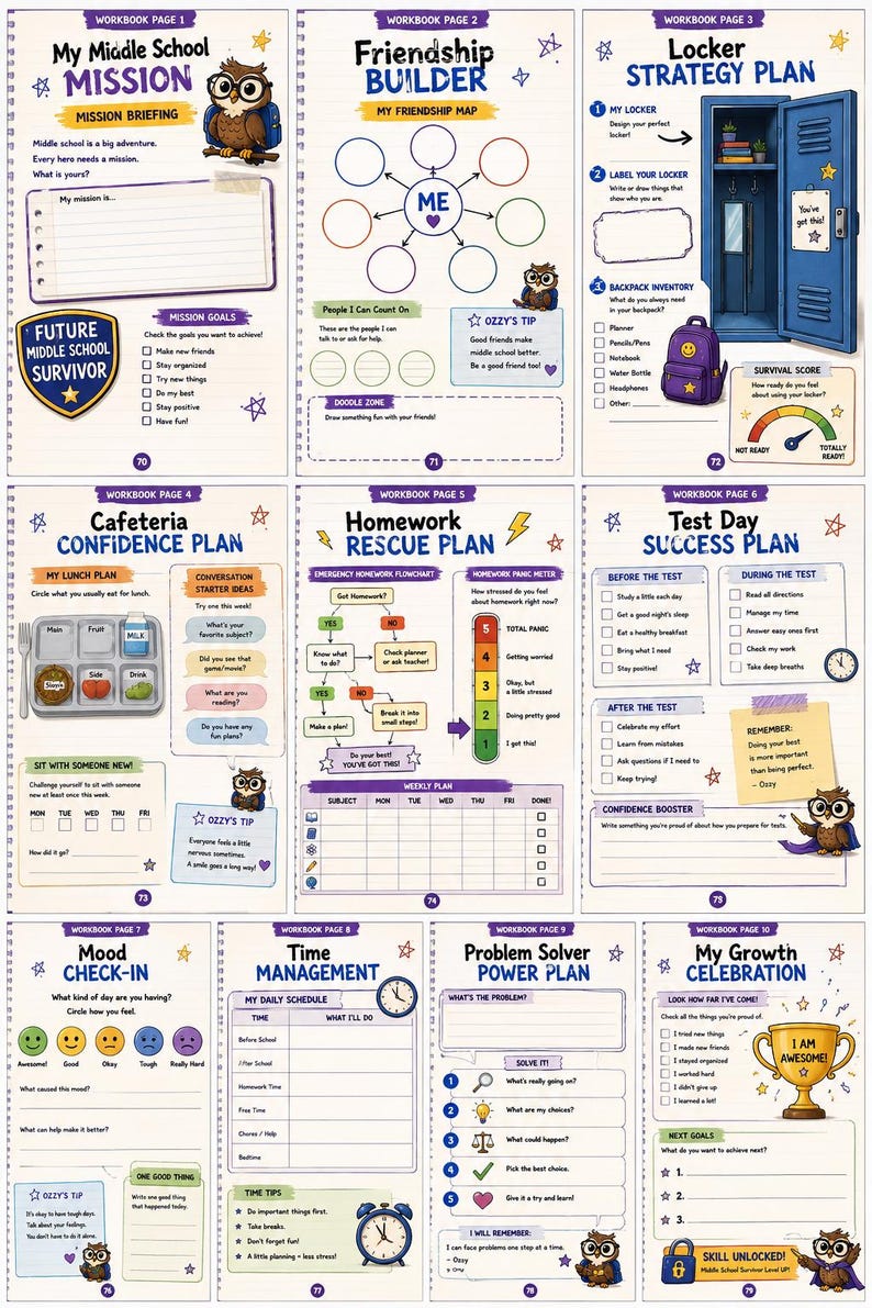 May include: A ten-page spiral-bound workbook for middle school students featuring colorful illustrations of an owl character named Ozzy. Each page includes structured activities, checklists, and goal-setting templates with titles like My Middle School Mission, Friendship Builder, and Locker Strategy Plan.